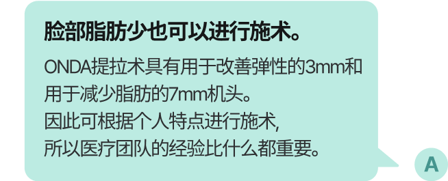 顔に脂肪が少なくても施術できます。オンダリフトは、弾力改善用の3mmと脂肪減少用の7mmハンドピースがあるので個人の特性に合わせて施術ができます。そのために医療スタッフの経験が何より重要です。